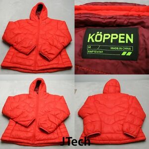 Koppen Down Jacket Womens Medium Red‎ Pockets Hooded Full Zip Quilted Puffer